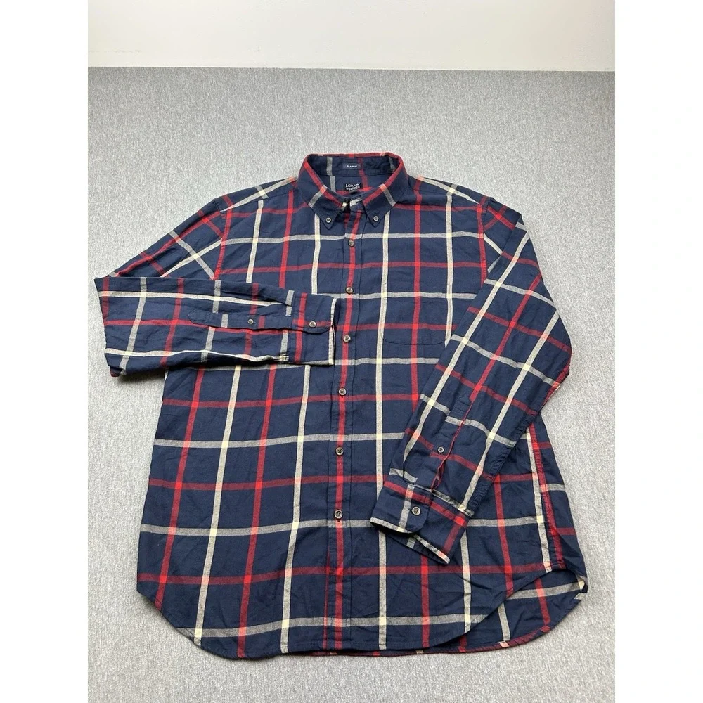 J Crew Brushed Twill Cotton Plaid Shirt Mens XL Blue Red Long Sleeve Button Down